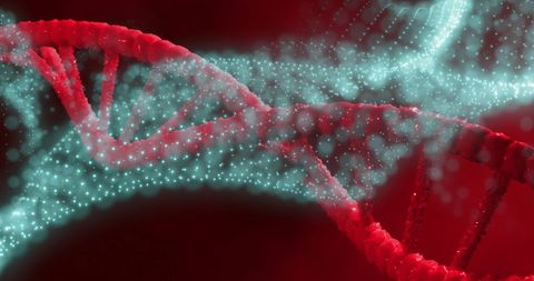 Glowing dna double helix surrounded by digital lights