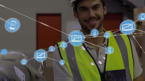 Smiling Warehouse Worker Amid Digital Network Concept