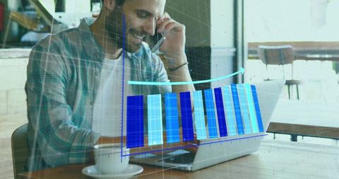 Remote entrepreneur calling and typing on laptop in cafe with rising data chart overlay
