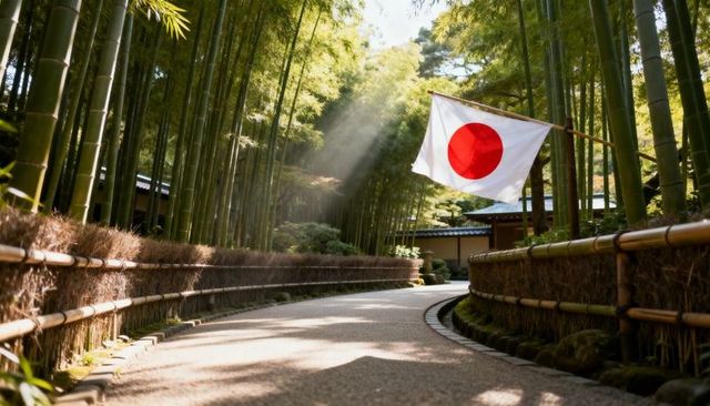 Sunlit bamboo grove winding path with japanese flag at temple for zen tranquility