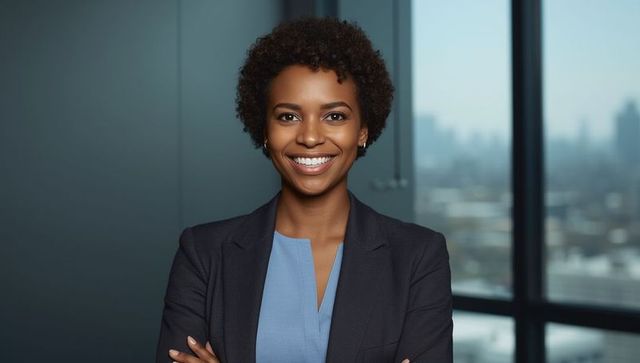 Confident Businesswoman Smiling in Modern Office with City Skyline