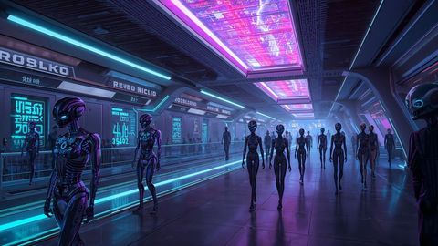 Android Navigating a Neon-Lit Futuristic Station Corridor