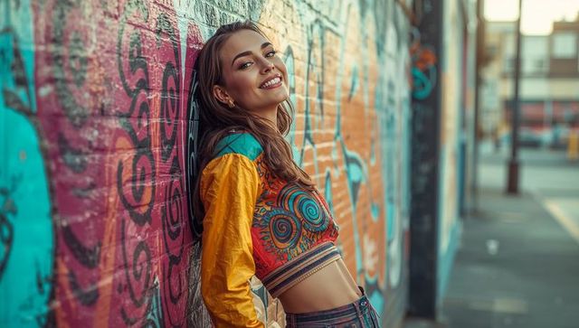 Woman Wearing Vibrant Fashion Against Graffiti Wall in Urban Landscape