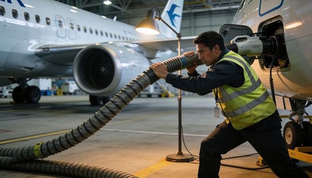 Ground technician connecting service hose to commercial jet in hangar during maintenance
