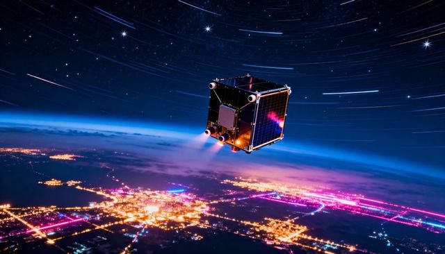 CubeSat Orbiting Earth with Thrusters Firing over Night City Lights