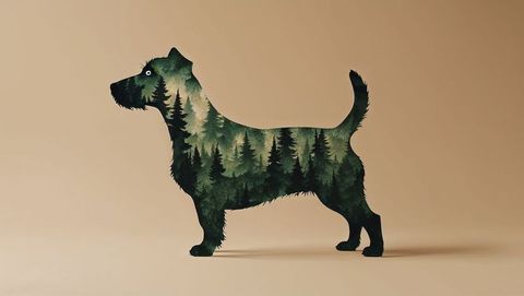 Artistic dog silhouette with forest illustration on beige background