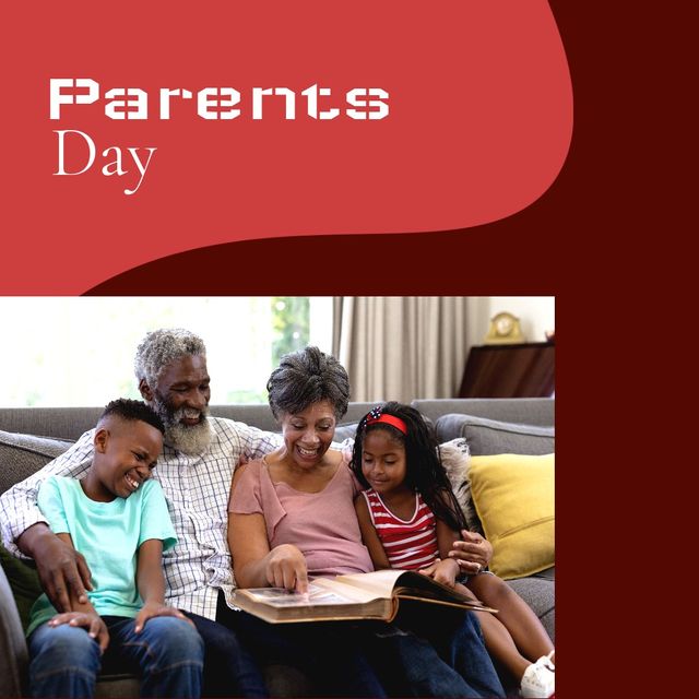 Happy African American grandparents enjoying time with their grandchildren on Parents Day. They are sitting on a cozy couch and looking at a storybook together, creating a moment of love and togetherness. This image can be used for family-oriented advertisements, parenting blogs, or holiday greeting cards.
