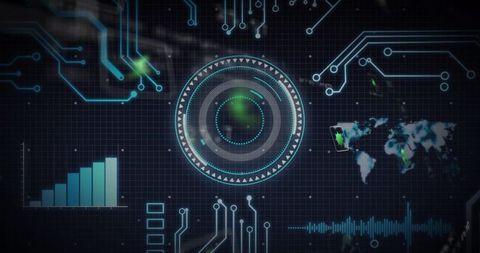 Cyber hud dashboard with circular reticle, neon circuit traces and global visualization