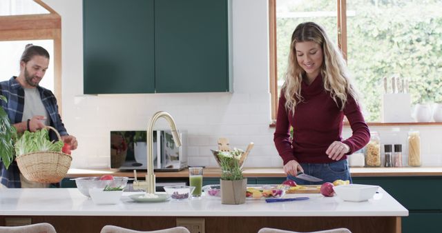 Happy Couple Preparing Meal in Bright Modern Kitchen - Download Free Stock Images Pikwizard.com