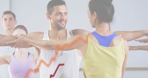 Practicing dance barre partnership with wearable fitness data overlay showing progress