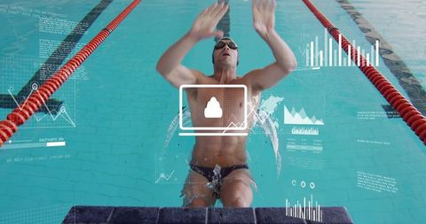 Backstroke Start with Analytics Overlay, Competitive Swimmer Launching from Wall