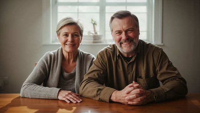 Smiling senior couple sitting at sunlit kitchen table, home portrait, warm natural light