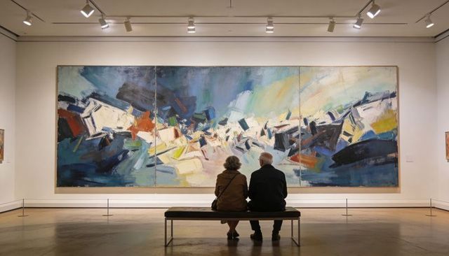 Elder couple contemplating large abstract triptych in modern art museum