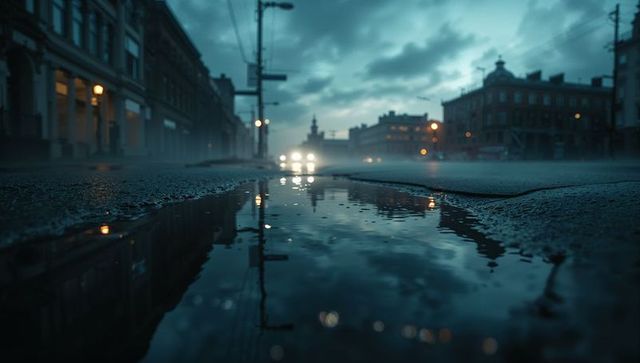 Moody Urban Street at Dusk with Reflective Puddle and Headlights