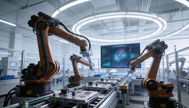 Orange Robotic Arms Assembling Electronics on Automated Conveyor with Analytics Dashboard