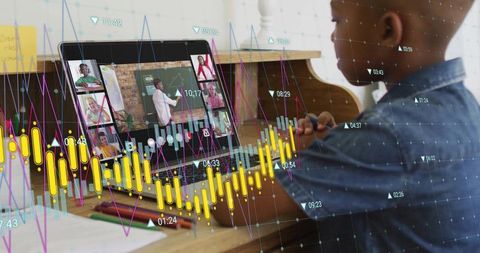 Diverse students engaged in online classroom with digital interface