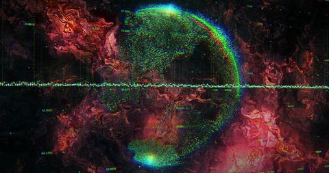 Pulsing rotating particle orb streaming neon glitch data waveform across cosmic nebula