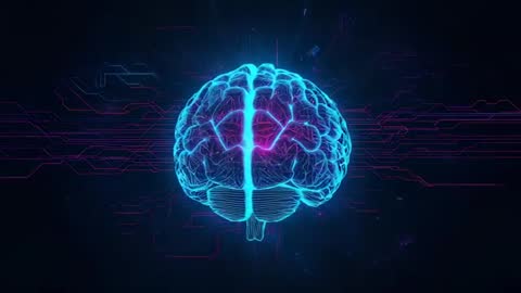 Futuristic Neon Brain with Digital Data Streams