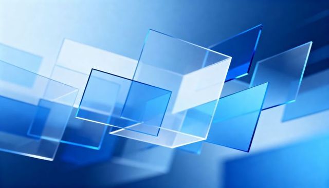 Floating glass panels creating layered translucent blue composition with diagonal depth