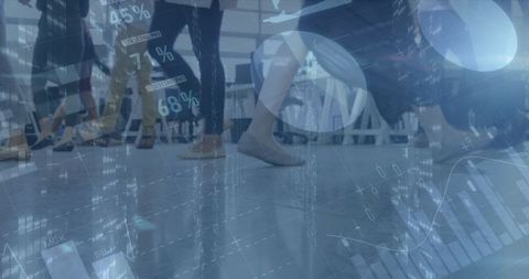 Financial Data Overlay on Diverse Business Team Walking