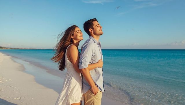 Romantic Couple Embracing on Sunny Beach at Sunset