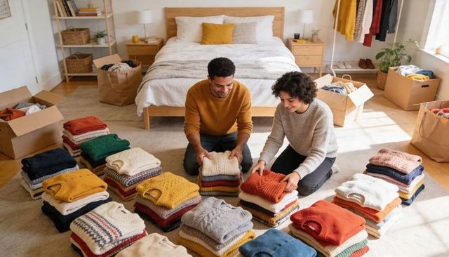 Couple sorting and packing knit sweaters for donation in cozy sunlit bedroom