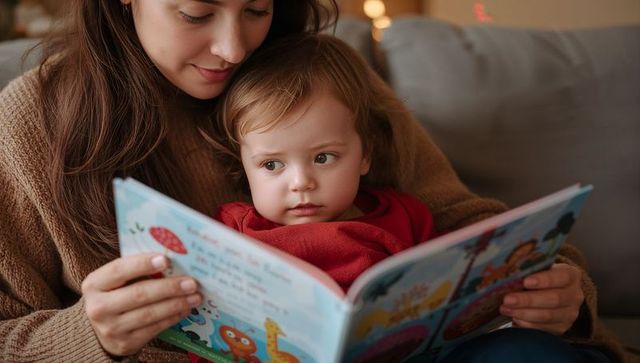 Young mother reading bedtime story with toddler on sofa, cozy family bonding at home