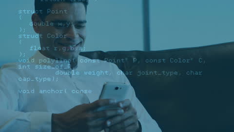 Smiling Entrepreneur Using Phone with Programming Code Overlay