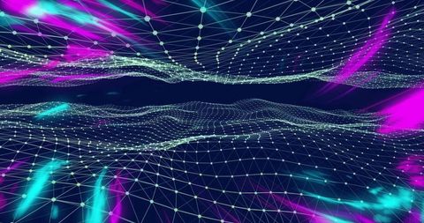Moving 3d wireframe mesh forming wavy neon surface with glowing nodes and futuristic grid