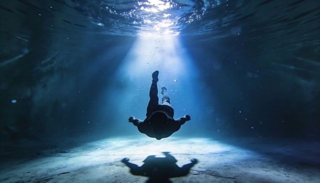 Freediver descending into sunlit cenote, silhouette framed by underwater rays and shadow
