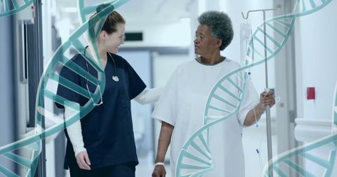Nurse assisting patient in hospital corridor symbolizing recovery