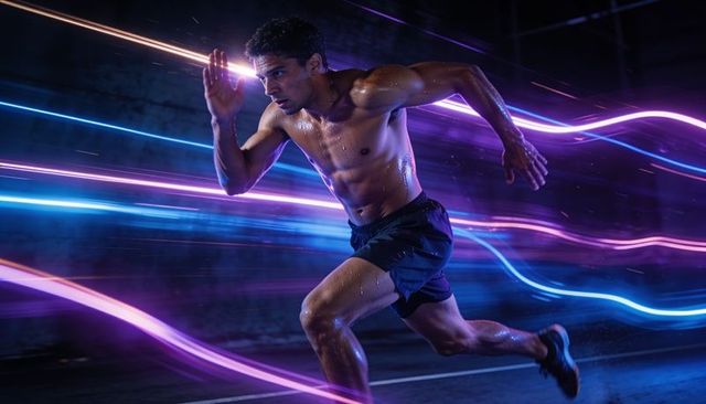 Explosive night sprinting with neon light trails showing speed, power and urban athleticism