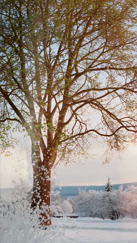 Vertical video showing light snow swirling around budding deciduous tree in winter field at sunrise