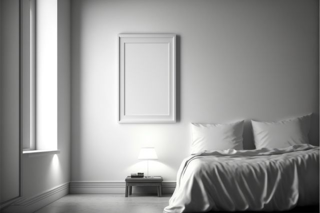 Modern minimalist bedroom featuring white decor, a blank framed canvas, a cozy bed with white bedding, and a bedside lamp. Perfect for illustrating interior design ideas, home decor inspiration, lifestyle articles, and room arrangement concepts.