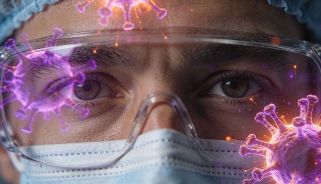 Male healthcare worker examining viral overlays wearing goggles and surgical mask close-up
