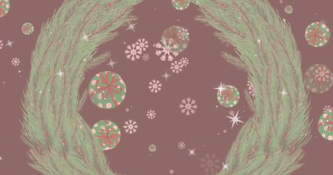 Pine wreath framing festive ornaments and snowflakes on maroon background with sparkling stars
