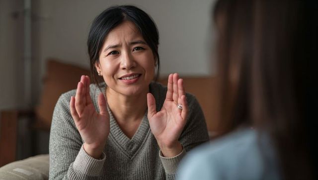 Gesturing woman explaining calmly on couch, offering empathetic conversation
