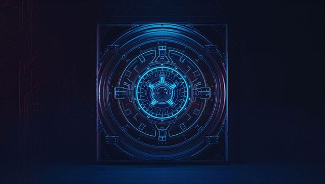 Futuristic cybersecurity vault interface with neon-blue glow