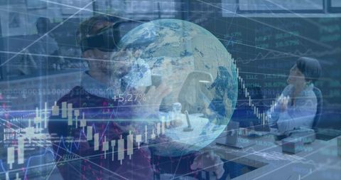 Woman Using VR Headset in Office with Holographic Globe and Data Charts