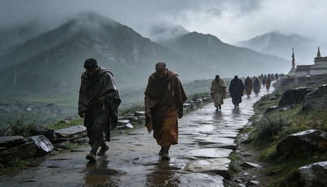 Monks walking rainy mountain pilgrimage path with stupas and mist, saffron robes