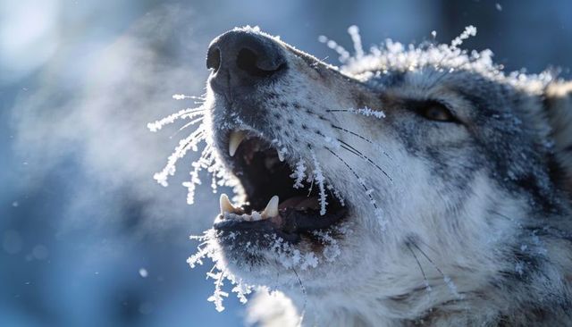 Howling grey wolf with frosted whiskers and exposed canines, breath vapor in winter light