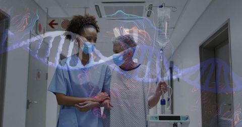 Nurse helping senior patient walking with iv pole in hospital hall with dna helix overlay