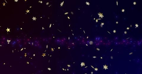 Gold snowflakes with purple and blue lights on black background