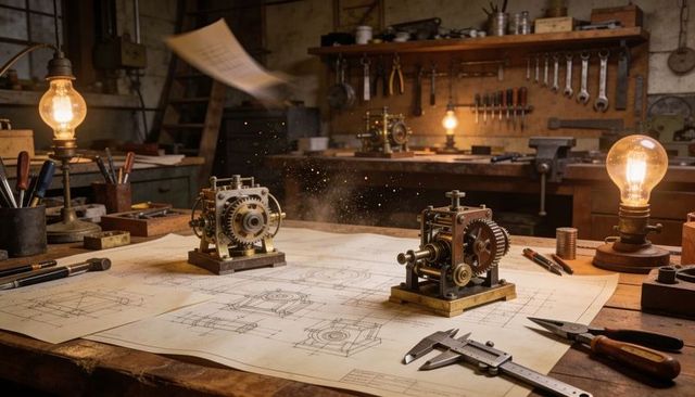 Vintage workshop showing brass gear assemblies on blueprints with glowing filament bulbs