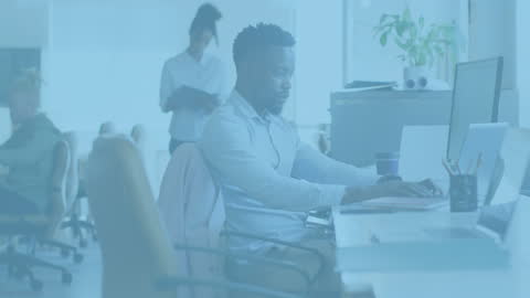 Digital Cityscape Animation with Diverse Business Team in Office