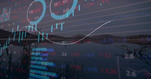 Candlestick charts overlaid on serene lakeshore at dusk for fintech and investment concept