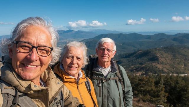 Smiling senior friends hiking mountain ridge enjoying panoramic outdoor adventure together