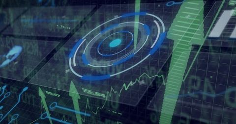 Displaying futuristic holographic financial dashboard with 3D HUD and rising analytics