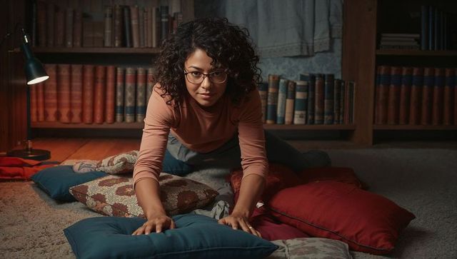 Woman leaning forward on floor cushions in cozy library nook with warm lamp and books