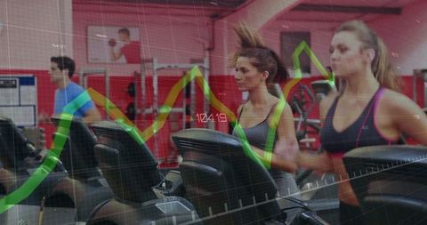 Three Adults Running on Treadmills with Performance Overlays